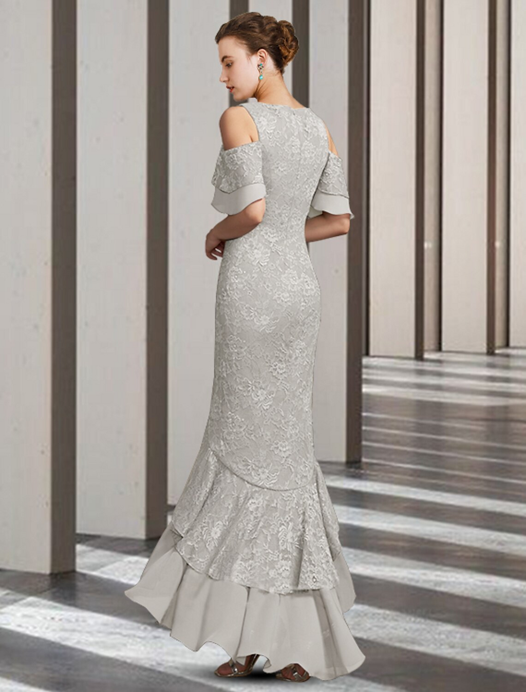 Mother of the Bride Dress Elegant High Low Floor Length Chiffon Lace Short Sleeve with Ruffles