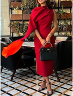 Sheath / Column Evening Gown Elegant Dress Formal Tea Length Christmas Red Green Dress Sleeveless Cowl Neck Stretch Fabric with Ruched
