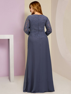 Plus Size Mother of the Bride Dress Wedding Guest Party Elegant Scoop Neck Floor Length Chiffon Lace  Sleeve with Ruffles Appliques