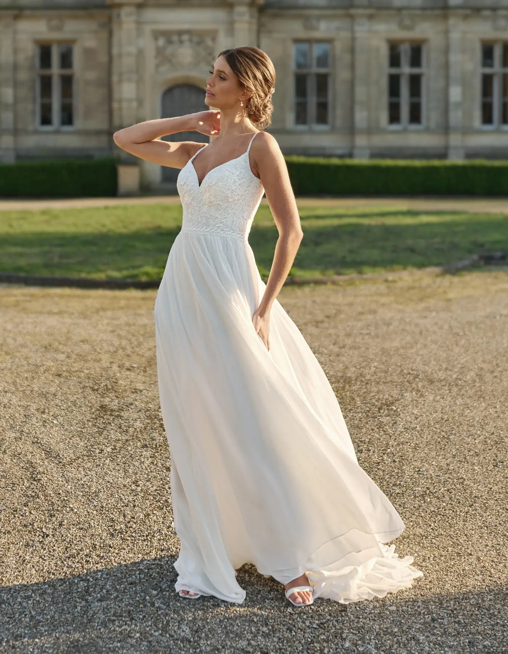 a chiffon and matte lace boho gown