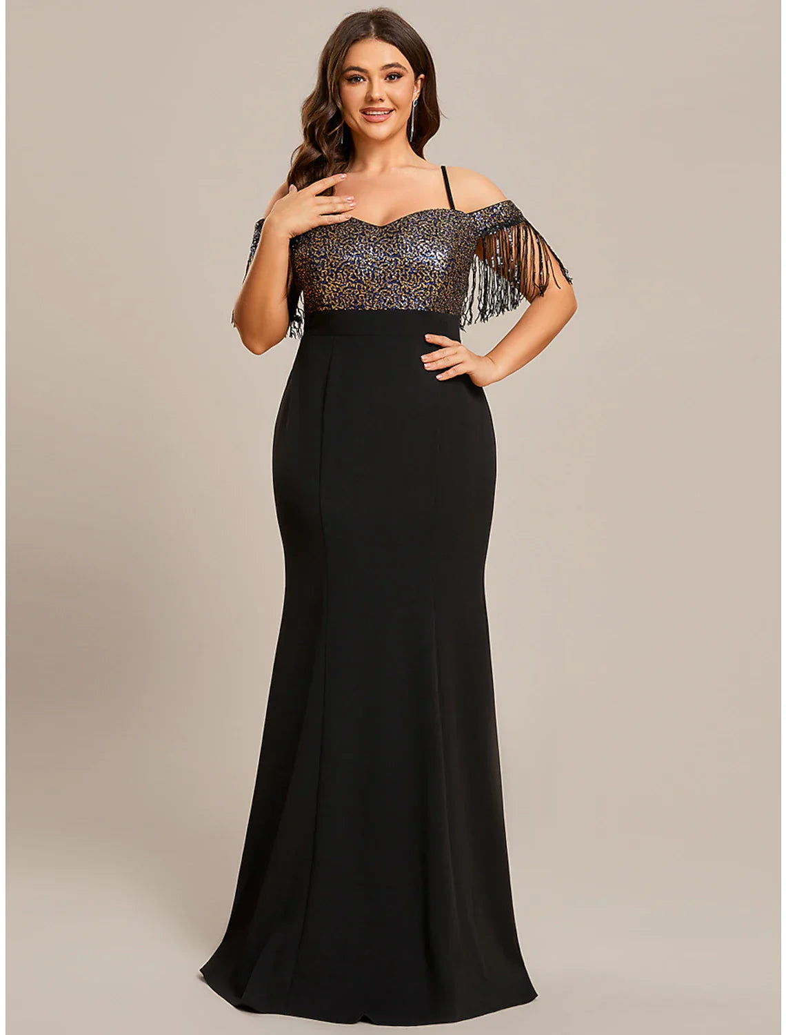 Mermaid / Trumpet Wedding Guest Dresses Minimalist Dress Formal Floor Length Short Sleeve Off Shoulder Stretch Fabric with Tassel