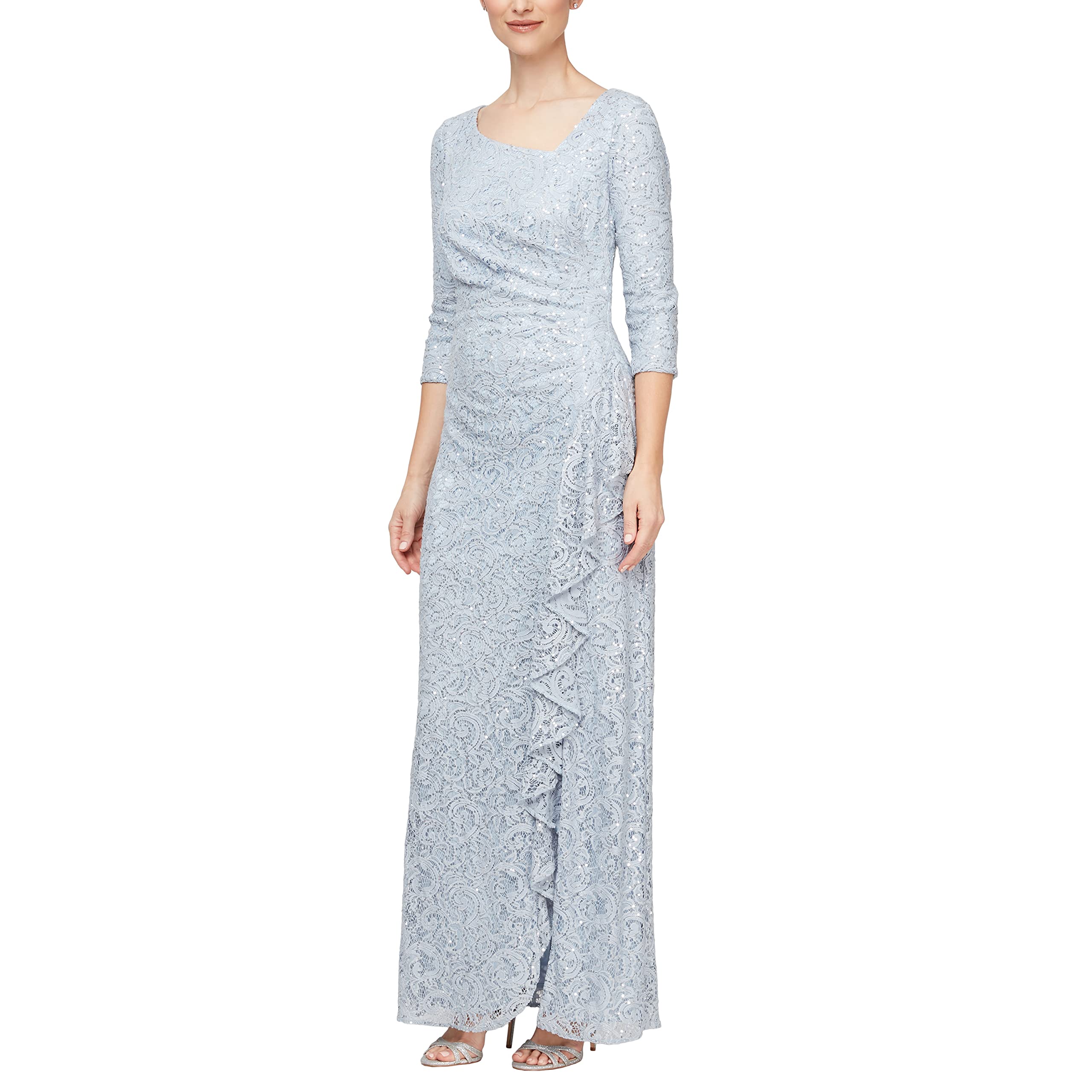 Mother of the Bride or Groom Dresses Round Neck Long 3/4 Sleeve Ruffle and Front Slit Formal Dress Wedding Guests Dresses