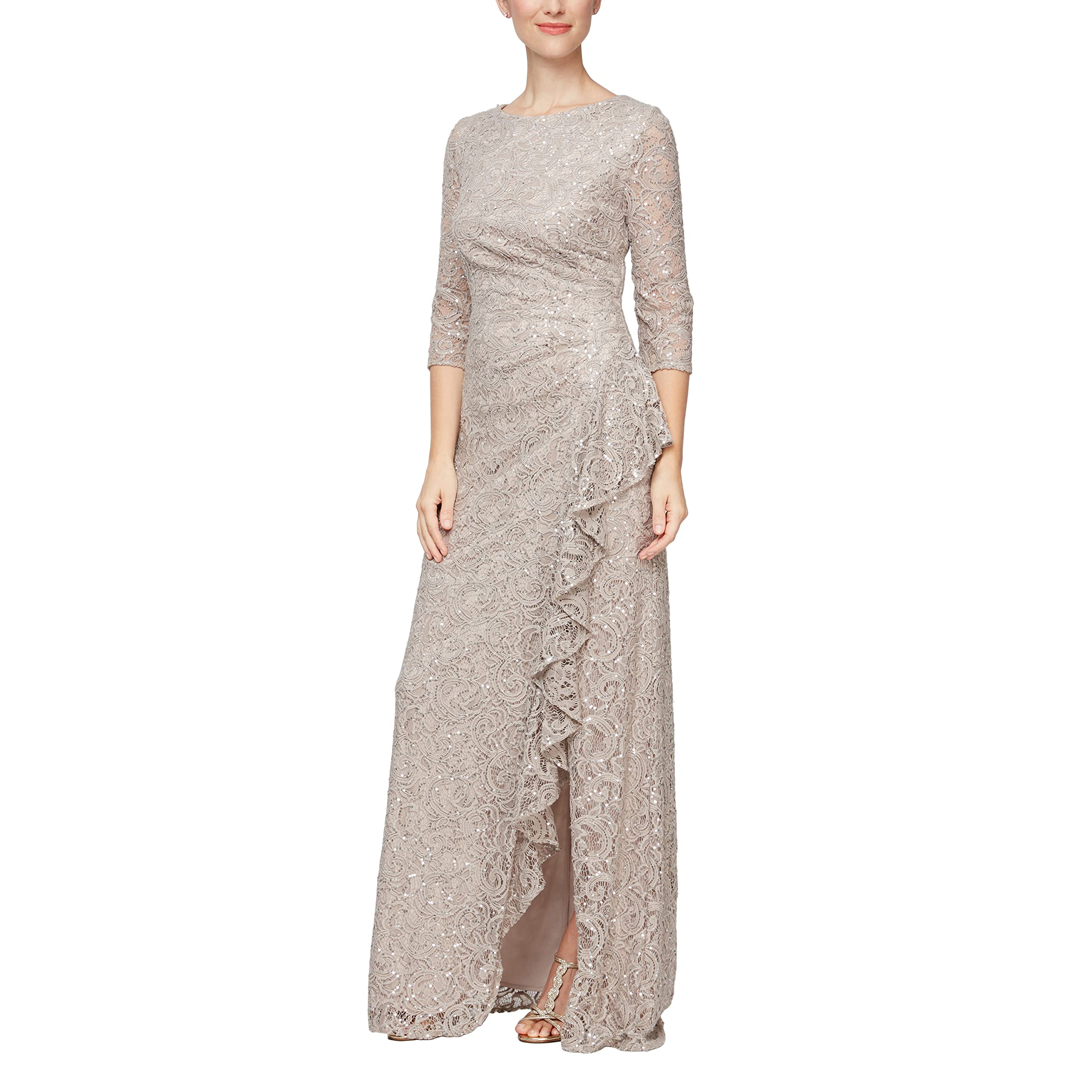 Mother of the Bride or Groom Dresses Round Neck Long 3/4 Sleeve Ruffle and Front Slit Formal Dress Wedding Guests Dresses