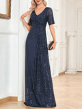 A-Line Party Dresses Sparkle & Shine Dress Formal Wedding Guest Floor Length Short Sleeve V Neck Sequined with Sequin