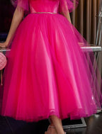 A-Line Evening Gown Elegant Dress Wedding Guest Party Wear Tea Length Sleeveless Strapless Tulle with Pleats