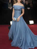 A-Line Prom Dresses Celebrity Style Dress Prom Formal Evening Court Train Short Sleeve Off Shoulder Organza with Pleats