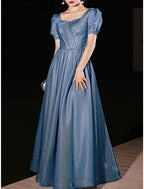 A-Line Prom Dresses Sparkle & Shine Dress Engagement Prom Floor Length Half Sleeve Sweetheart Satin with Ruched Pearls