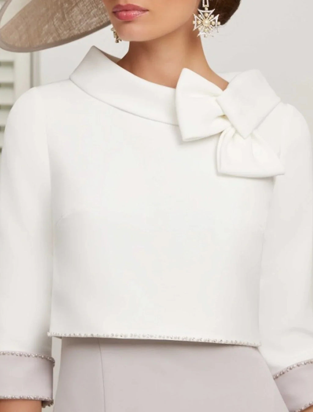 Two Piece Mother of the Bride Dress Wedding Guest Church Elegant Jewel Neck Ankle Length  Satin 3/4 Length Sleeve Short Jacket Dresses with Bow(s)
