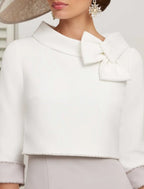 Two Piece Mother of the Bride Dress Wedding Guest Church Elegant Jewel Neck Ankle Length  Satin 3/4 Length Sleeve Short Jacket Dresses with Bow(s)