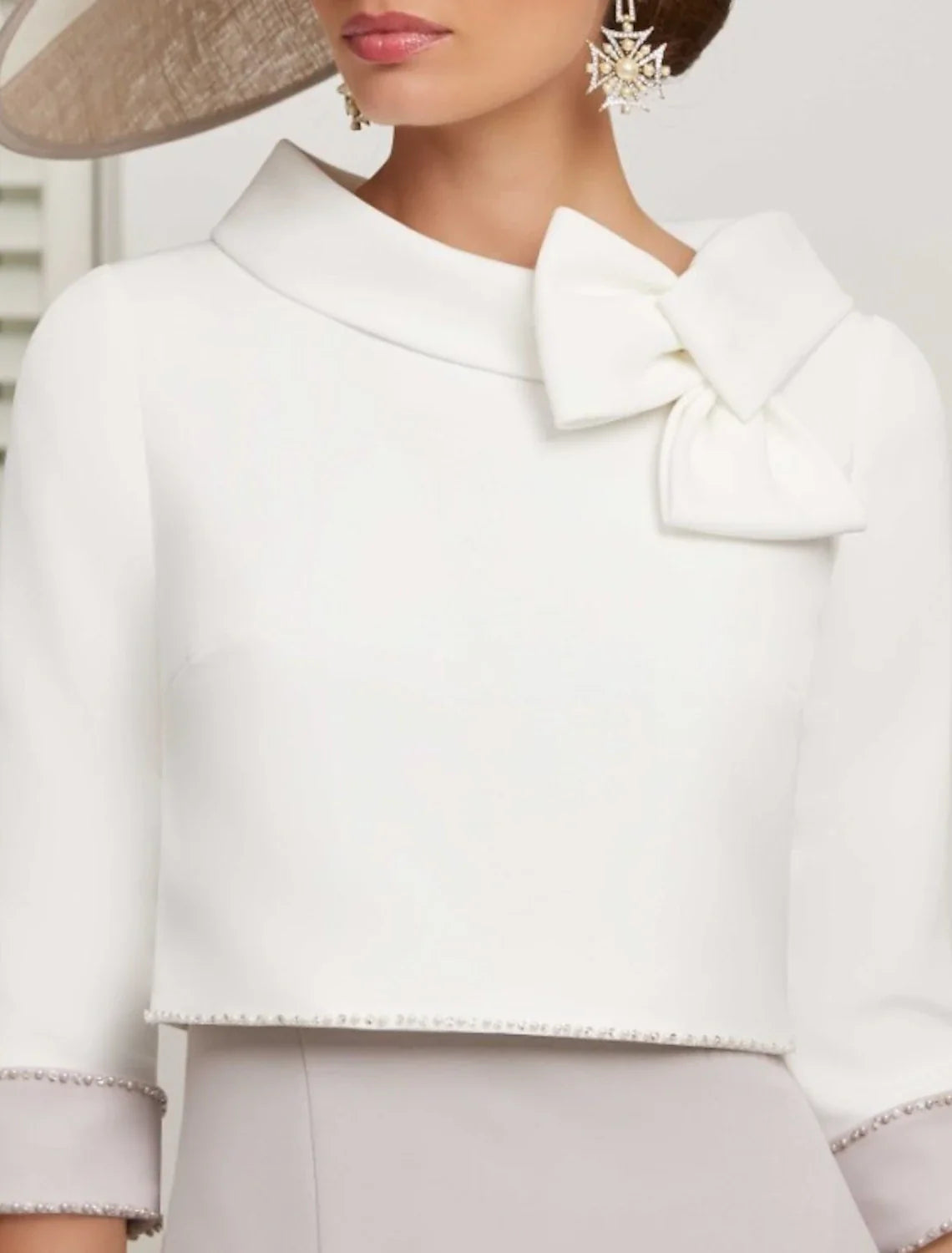 Two Piece Mother of the Bride Dress Wedding Guest Church Elegant Jewel Neck Ankle Length  Satin 3/4 Length Sleeve Short Jacket Dresses with Bow(s)