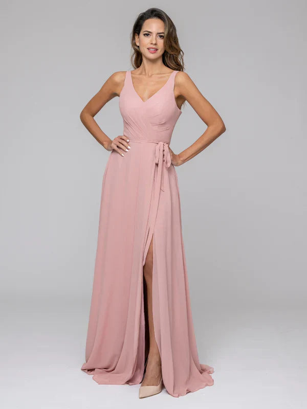 Floor Length Straps Open Back Chiffon Bridal Party Dresses