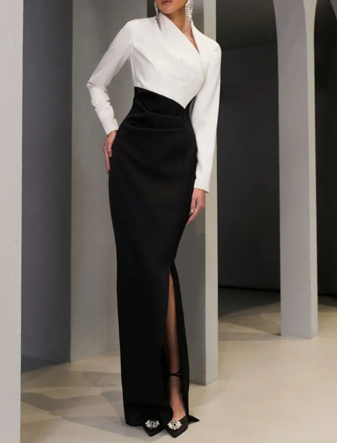 Sheath Black Dress Evening Gown Elegant Dress Formal Wedding Guest Floor Length Long Sleeve V Neck Stretch Fabric