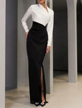 Sheath Black Dress Evening Gown Elegant Dress Formal Wedding Guest Floor Length Long Sleeve V Neck Stretch Fabric with Slit