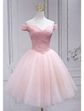 A-Line Homecoming Dresses Sparkle & Shine Dress Party Wear Cocktail Party Knee Length Sleeveless Off Shoulder Pink Dress Tulle with Sequin