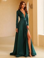 A-Line Evening Gown Vintage Dress Engagement Long Sleeve V Neck Polyester with Slit