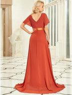 A-Line Plus Size Prom Formal Evening Dress V Neck V Back Short Sleeve Floor Length Chiffon with Pleats Ruched