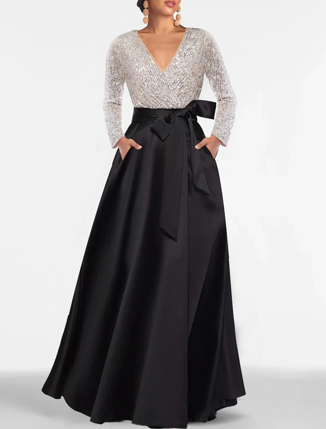 A-Line Evening Gown Black Dress Plus Size Color Block Dress Formal Floor Length Long Sleeve V Neck Fall Wedding Guest Satin with Sequin Pocket