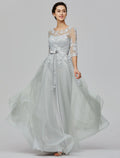 A-Line Empire Dress Wedding Guest Prom Floor Length Half Sleeve Illusion Neck Tulle with Bow(s) Appliques