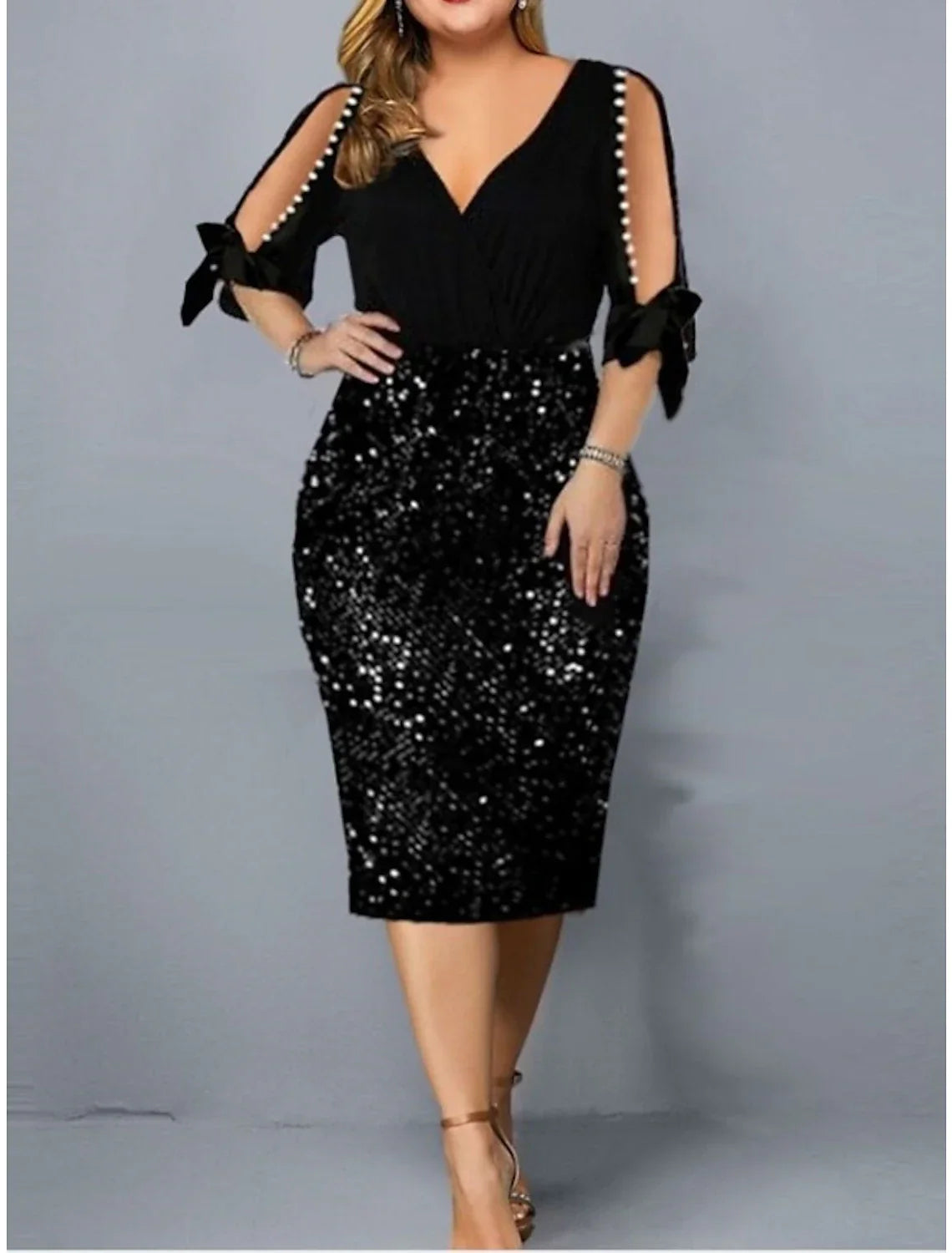 Sheath / Column Party Dresses Sparkle & Shine Dress Party Wear Fall Tea Length Half Sleeve V Neck Sequined with Glitter Bow(s)