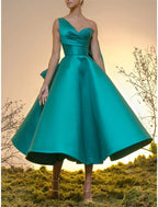 Ball Gown Cocktail Black Dress Vintage Dress Homecoming Wedding Guest Tea Length Sleeveless One Shoulder Satin with Bow(s)