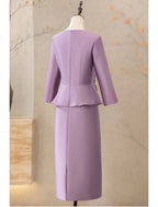 Two Piece Cocktail Dresses Elegant Dress Wedding Party Tea Length Long Sleeve V Neck Satin with Appliques