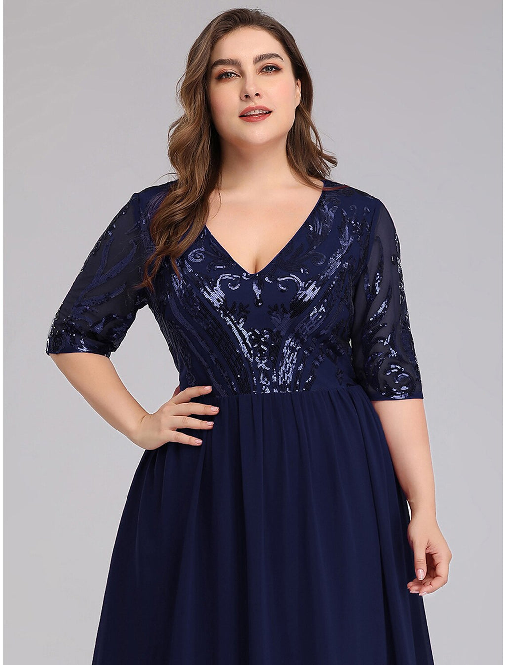 A-Line Prom Dresses Plus Size Dress Wedding Guest Floor Length Half Sleeve Plunging Neck Chiffon with