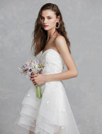 Open Back Little White Dresses Asymmetrical A-Line Strapless Lace With Appliques