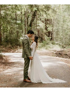 Beach Open Back Wedding Dresses  A-Line Long Sleeve  Lace With Pleats Appliques
