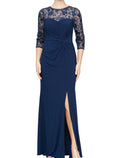 Sheath / Column Mother of the Bride Dress Wedding Guest Elegant Jewel Neck Ankle Length Chiffon Lace 3/4 Length Sleeve with Sequin Split Front Ruching
