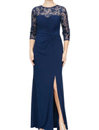 Sheath / Column Mother of the Bride Dress Wedding Guest Elegant Jewel Neck Ankle Length Chiffon Lace 3/4 Length Sleeve with Sequin Split Front Ruching