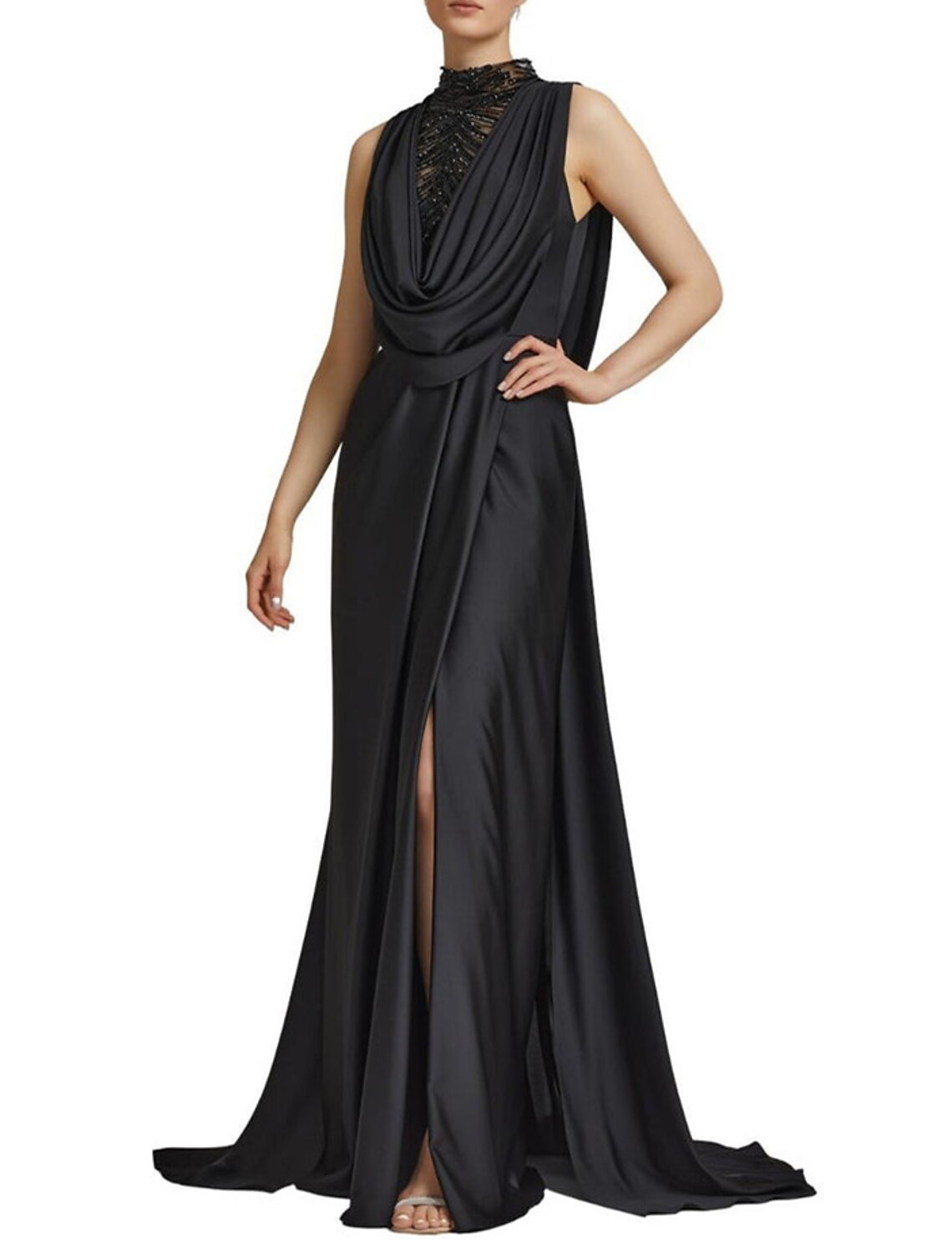 Mermaid / Trumpet Evening Gown Elegant Dress Formal Christmas Court Train Sleeveless Cowl Neck Satin with Ruched Slit