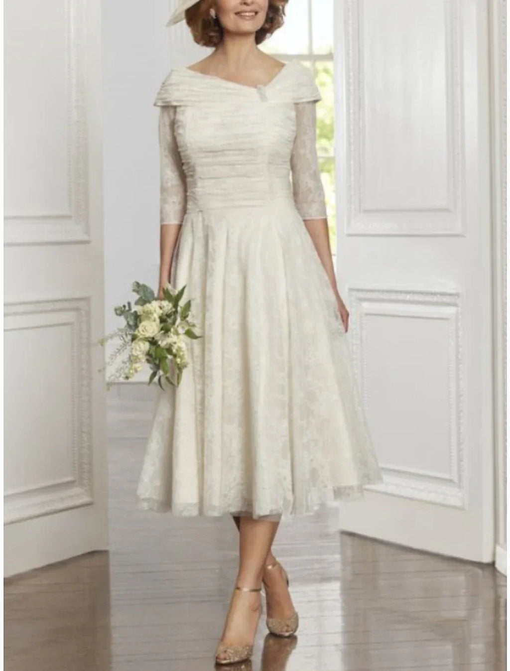 A-Line Mother of the Bride Dress Wedding Guest Little White Dresses Elegant Scoop Neck Tea Length Lace 3/4 Length Sleeve with Pleats Crystals