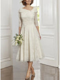 A-Line Mother of the Bride Dress Wedding Guest Little White Dresses Elegant Scoop Neck Tea Length Lace 3/4 Length Sleeve with Pleats Crystals