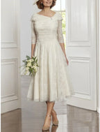 A-Line Mother of the Bride Dress Wedding Guest Little White Dresses Elegant Scoop Neck Tea Length Lace 3/4 Length Sleeve with Pleats Crystals