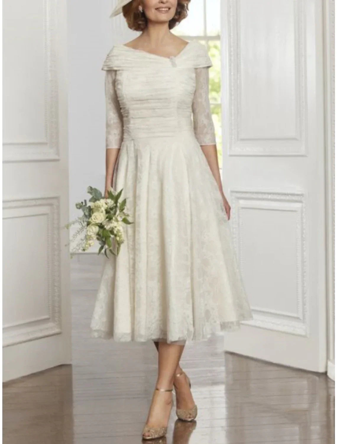 A-Line Mother of the Bride Dress Wedding Guest Little White Dresses Elegant Scoop Neck Tea Length Lace 3/4 Length Sleeve with Pleats Crystals