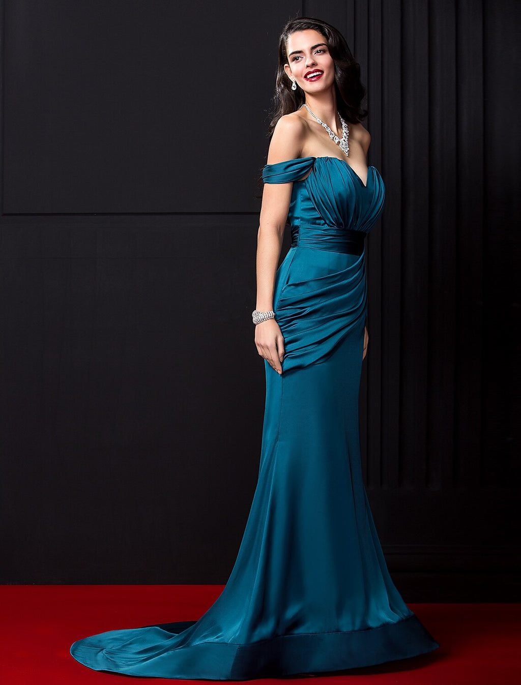 Sexy Dress Engagement Sleeveless Off Shoulder Satin Chiffon with Ruched Draping