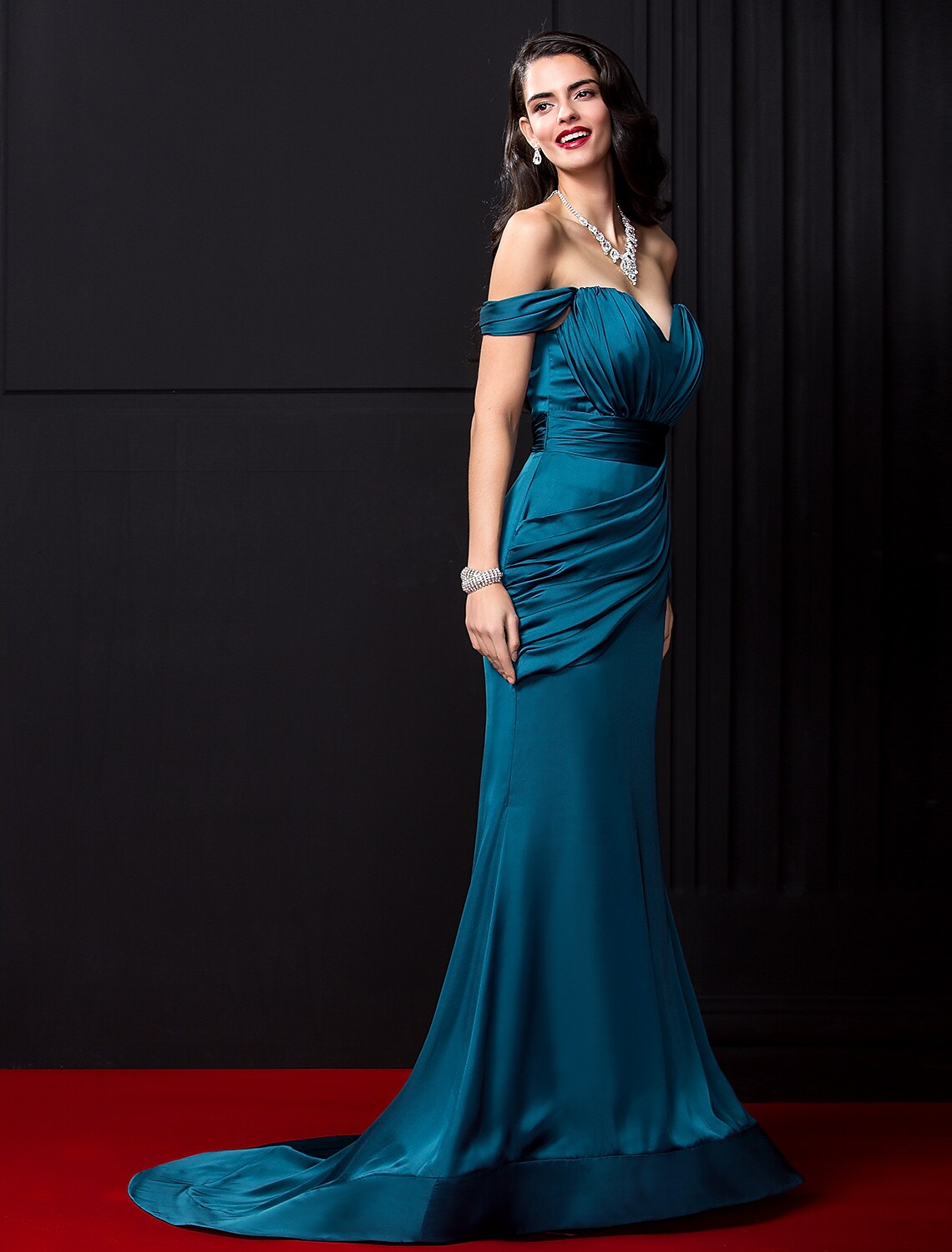 Sexy Dress Engagement Sleeveless Off Shoulder Satin Chiffon with Ruched Draping