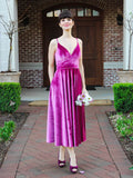 Spaghetti Straps A-line V-neck Midi Velvet Dresses