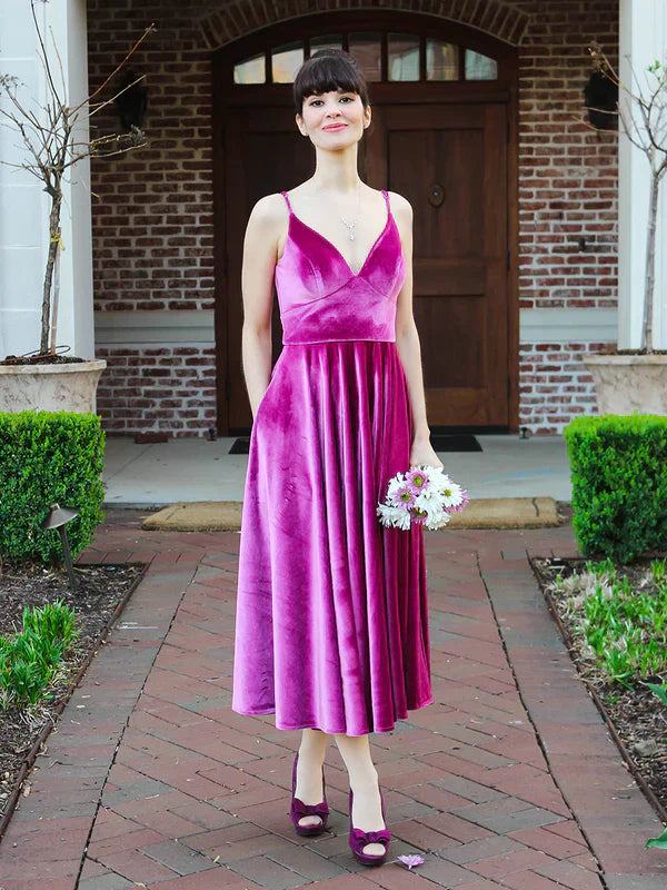 Spaghetti Straps A-line V-neck Midi Velvet Dresses