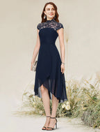 A-Line Cocktail Dresses Flirty Dress Homecoming Wedding Guest Asymmetrical Sleeveless Jewel Neck Chiffon with Lace