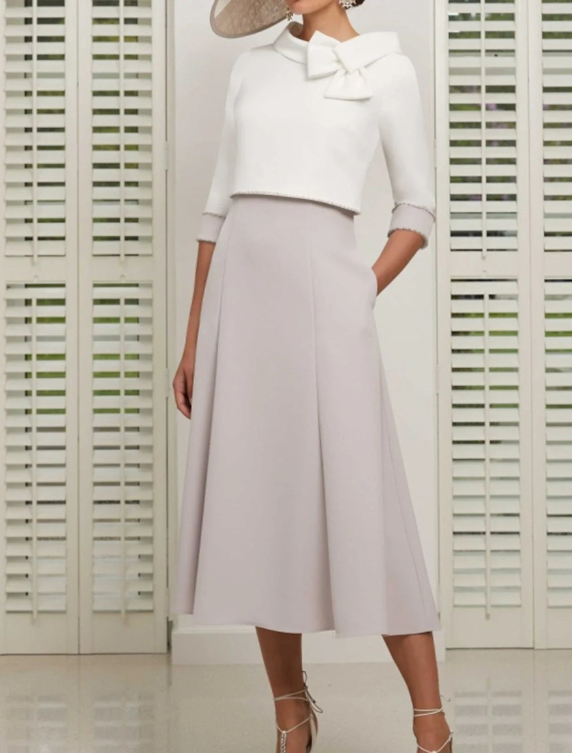 Two Piece Mother of the Bride Dress Wedding Guest Church Elegant Jewel Neck Ankle Length  Satin 3/4 Length Sleeve Short Jacket Dresses with Bow(s)
