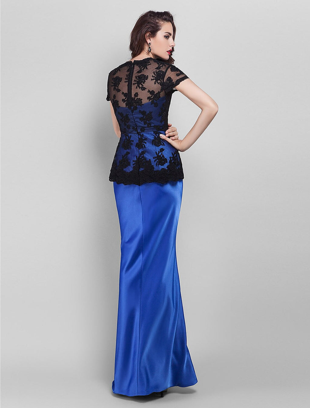 Holiday Cocktail Party Prom Dress V Neck Short Sleeve Floor Length Lace with Lace Appliques