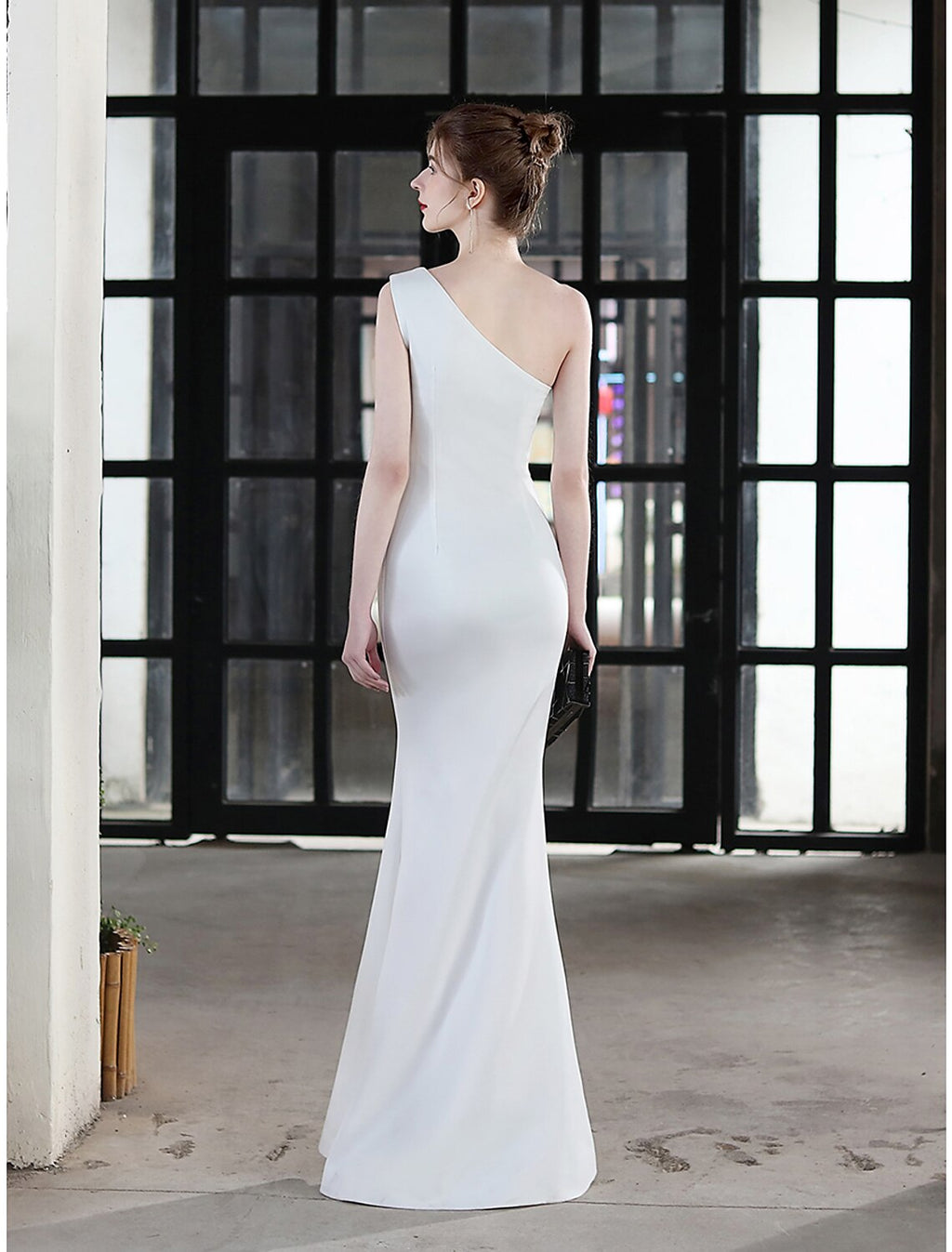 Evening Gown Sexy Dress Wedding Guest Floor Length Sleeveless One Shoulder Stretch Satin with Crystals