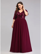 A-Line Prom Dresses Plus Size Dress Wedding Guest Floor Length Half Sleeve Plunging Neck Chiffon with