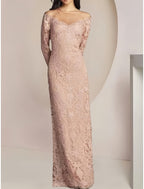 Sheath / Column Mother of the Bride Dress Wedding Guest Elegant Illusion Neck Floor Length Lace Long Sleeve with Solid Color