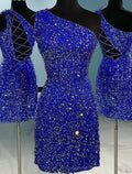 A-Line Short / Mini One Shoulder Sheath / Column Homecoming Dresses Sparkle & Shine Dress Holiday Sleeveless Sequined with Glitter Strappy
