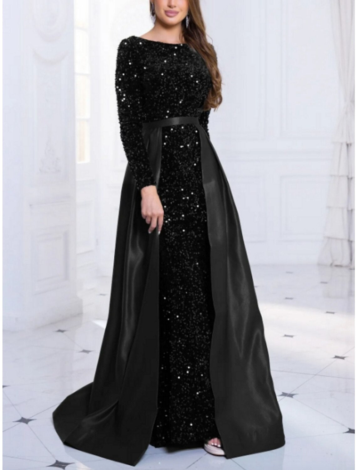 A-Line Evening Gown Sparkle & Shine Black Dress Plus Size Formal Fall Sweep / Brush Train Long Sleeve Jewel Neck Sequined with Glitter Pleats