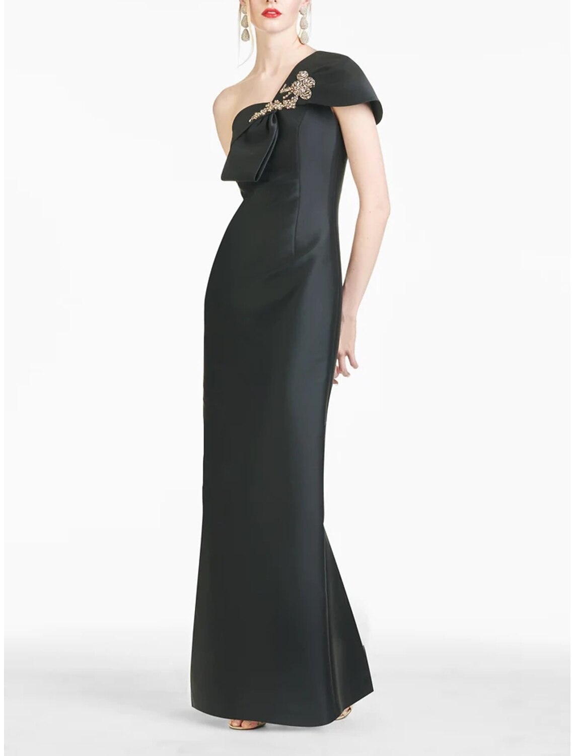 Sheath / Column Evening Gown Elegant Dress Formal Floor Length Christmas Red Green Dress Short Sleeve One Shoulder Satin with Bow(s) Shouder Flower