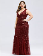 Evening Gown Plus Size Dress Wedding Guest Floor Length Sleeveless V Neck Lace V Back Appliques