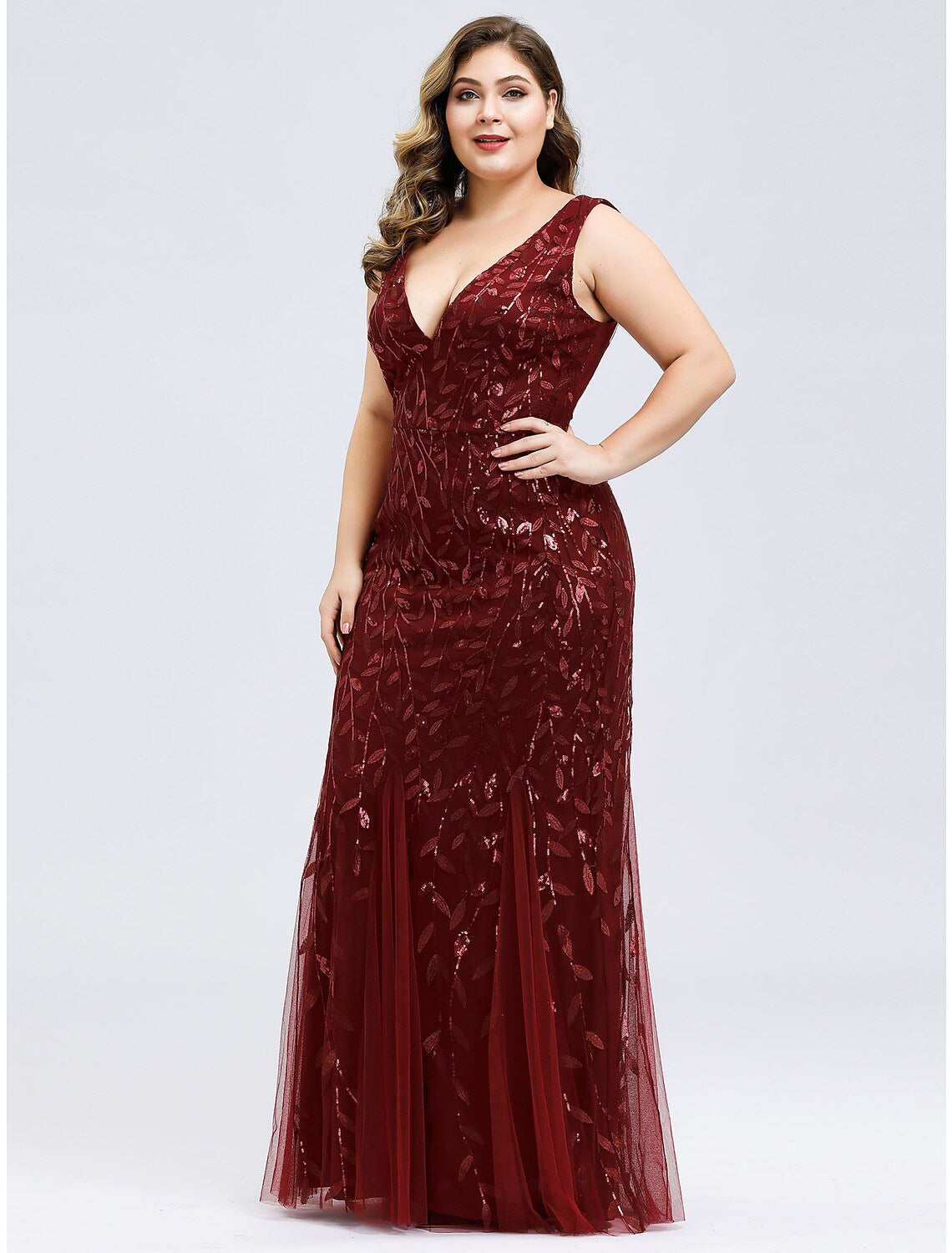 Evening Gown Plus Size Dress Wedding Guest Floor Length Sleeveless V Neck Lace V Back Appliques